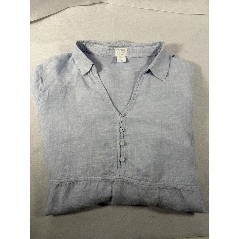Womens Top Sigrid Olsen Lite Blue tweedy hi-low collared beachy coastal-Large